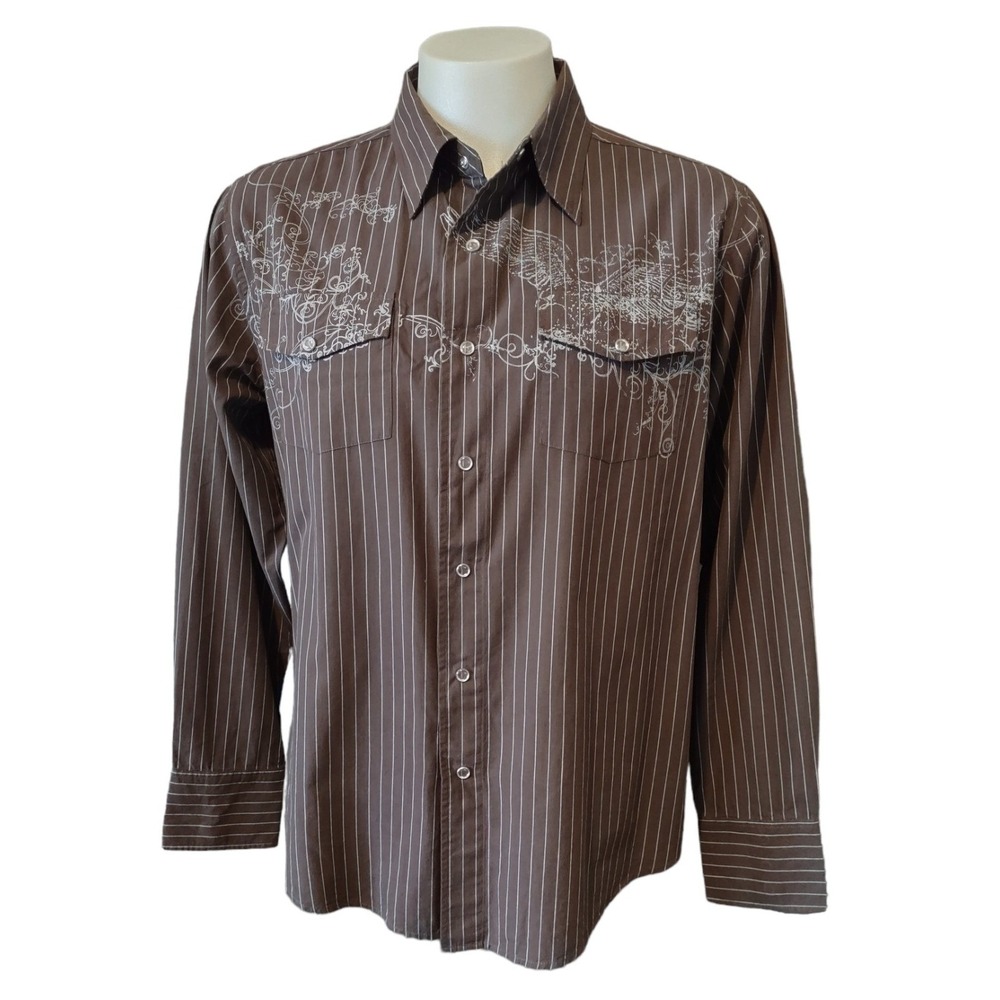 Machina Shirt Men's Medium Brown Pinstripe Graphic Embroidery Western Snap Down